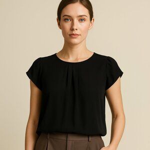 Lucid-Pink Black Pleated Short Sleeve Blouse Women’s Size Medium